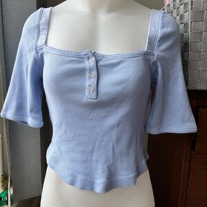 UO Light Blue Women's Square Neck Ribbed Button-Front Top